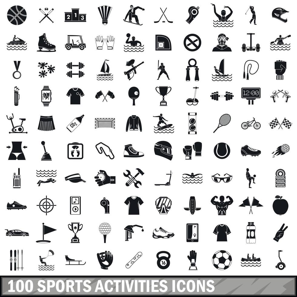 100 sports activities icons set, simple style vector