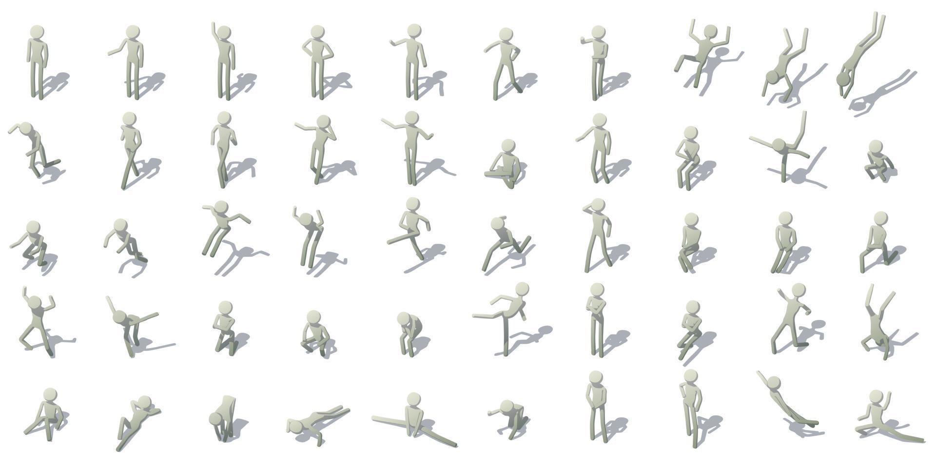 Stick man figures icons set, isometric style vector