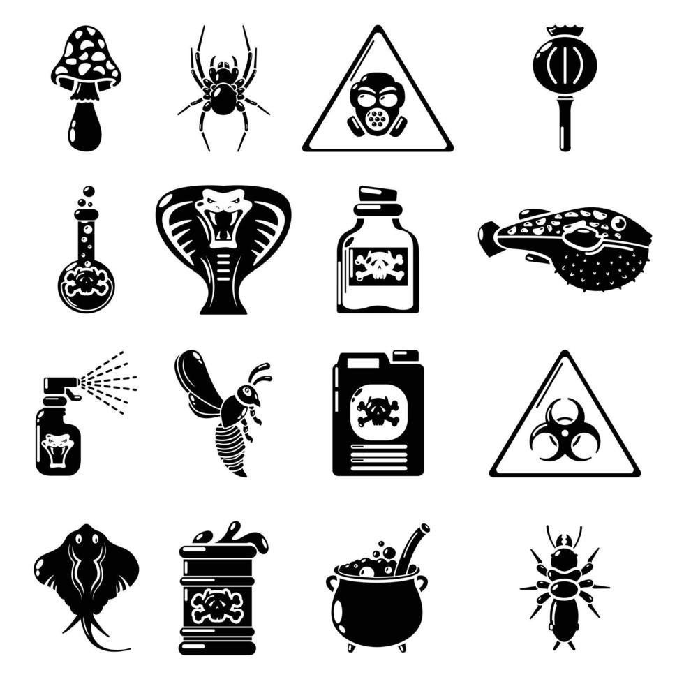 veneno, peligro, tóxico, iconos, conjunto, simple, estilo vector