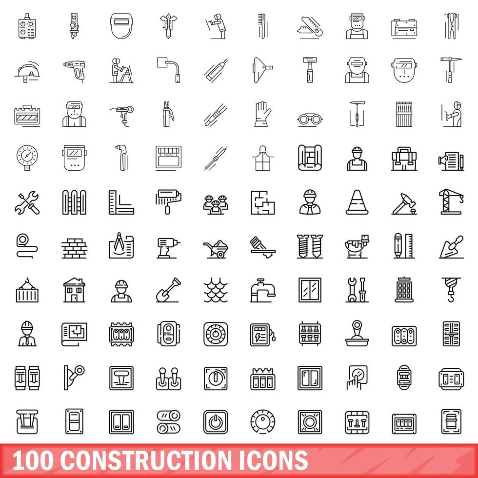 100 construction icons set, outline style vector
