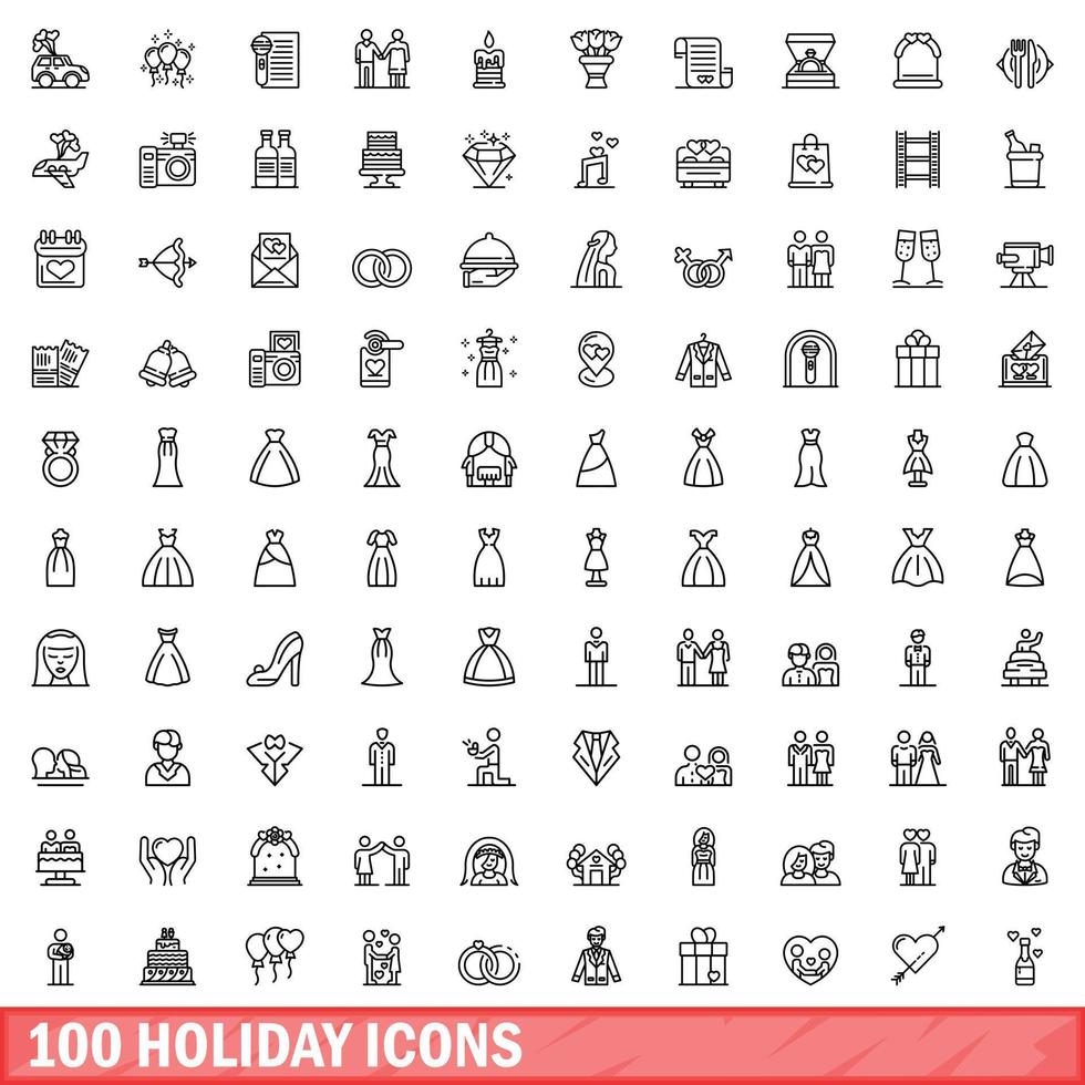 100 holiday icons set, outline style vector