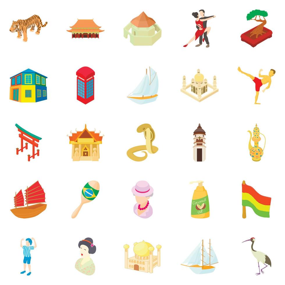 World travel icons set, cartoon style vector