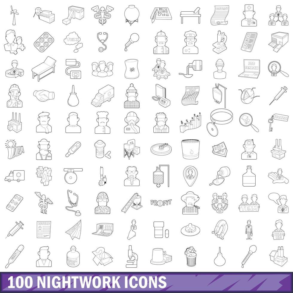 100 nightwork icons set, outline style vector