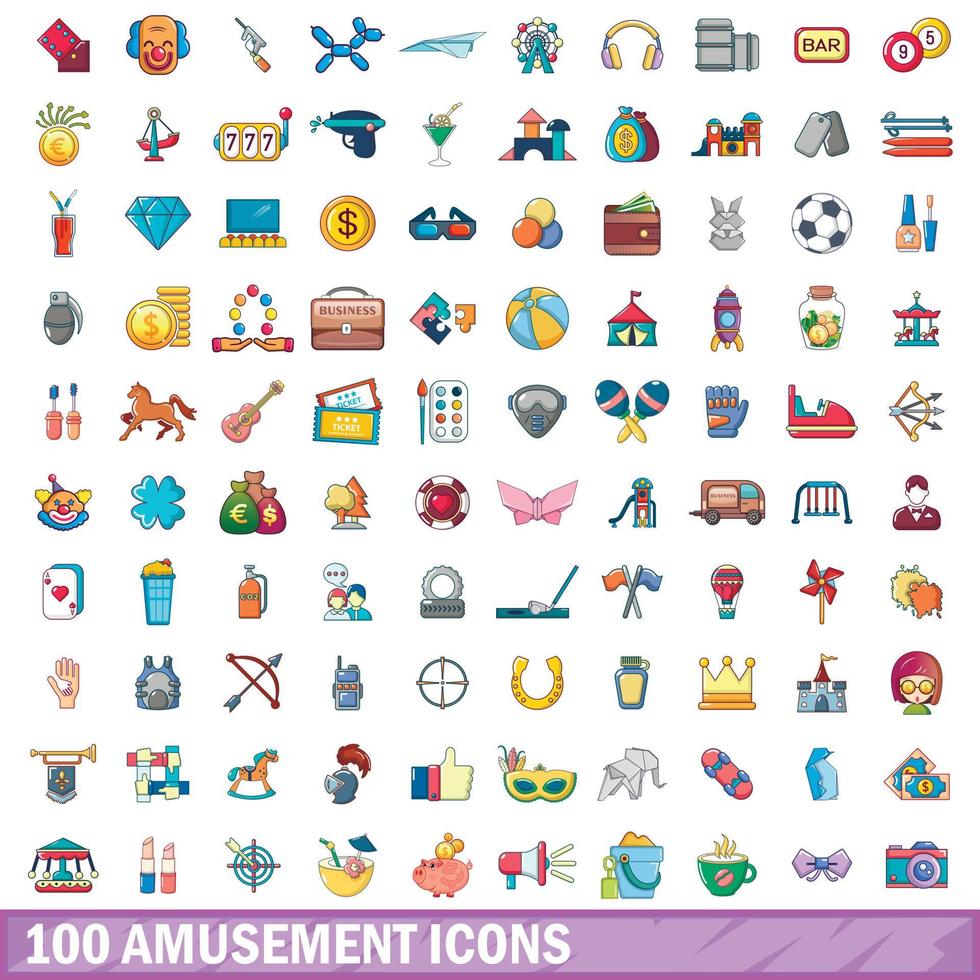 100 amusement icons set, cartoon style vector