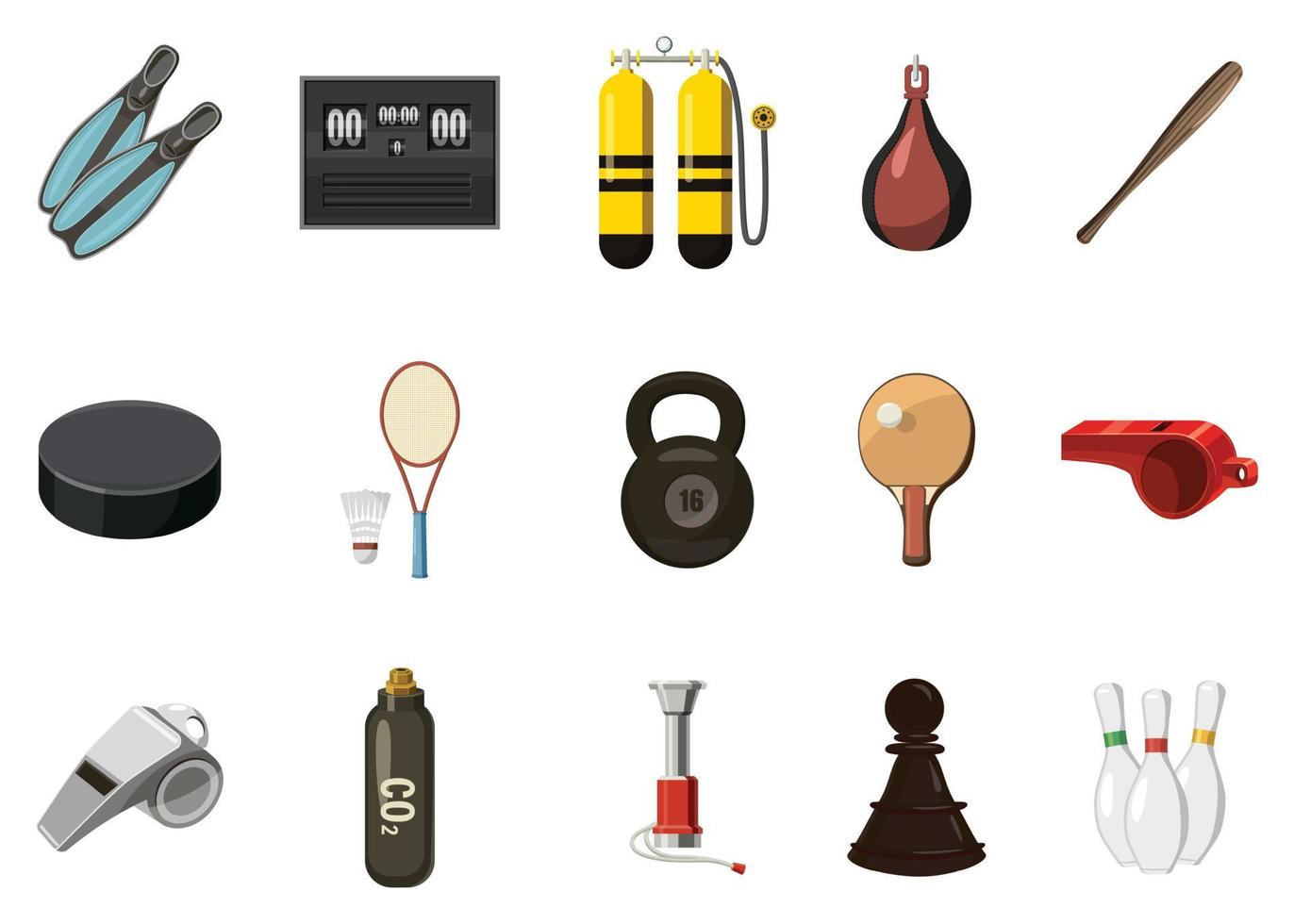 Sport equipment icon set, cartoon style vector