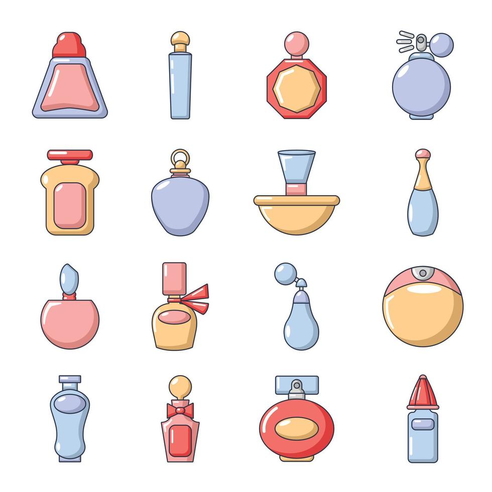 Perfume bottle icons set, cartoon style vector