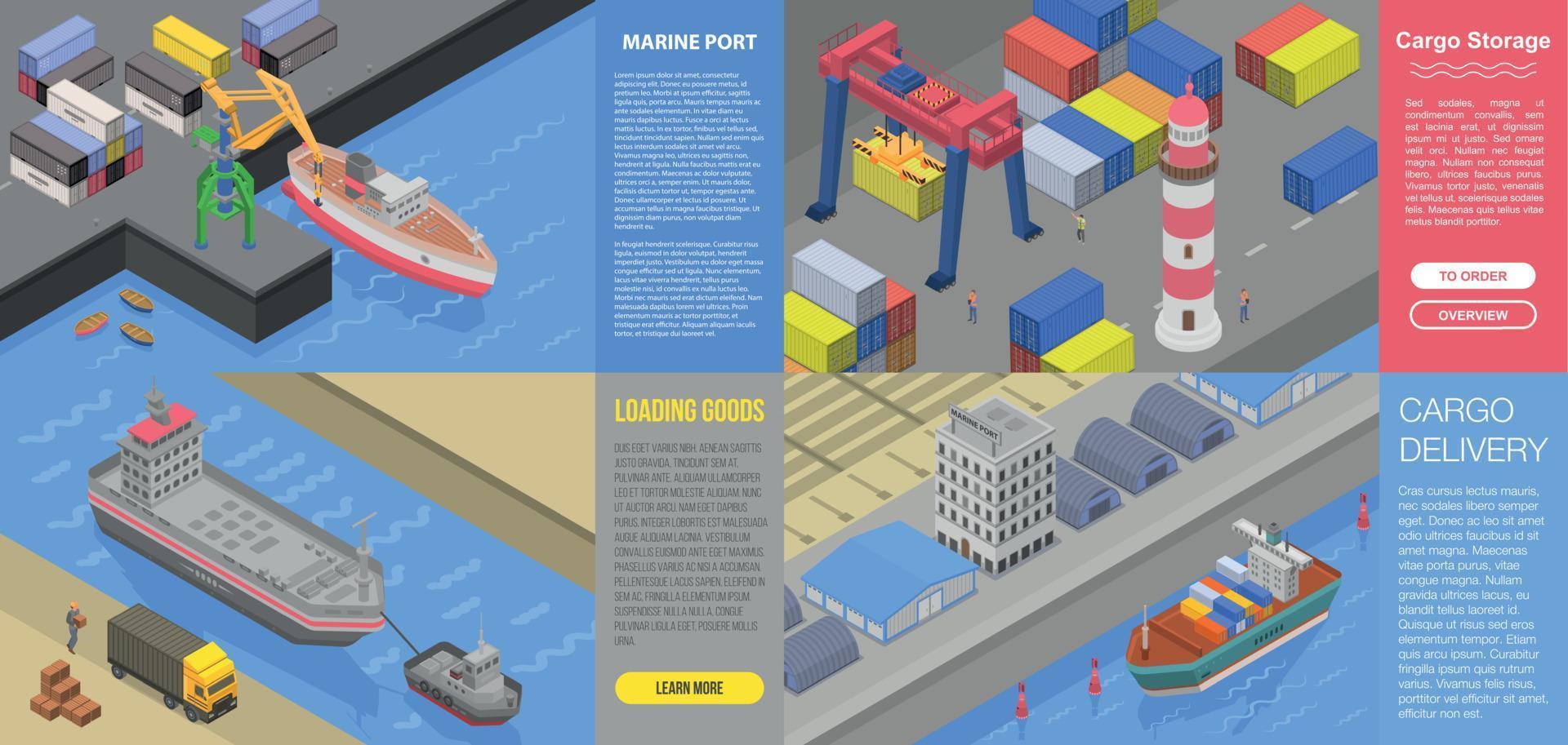 Modern marine port banner set, isometric style vector