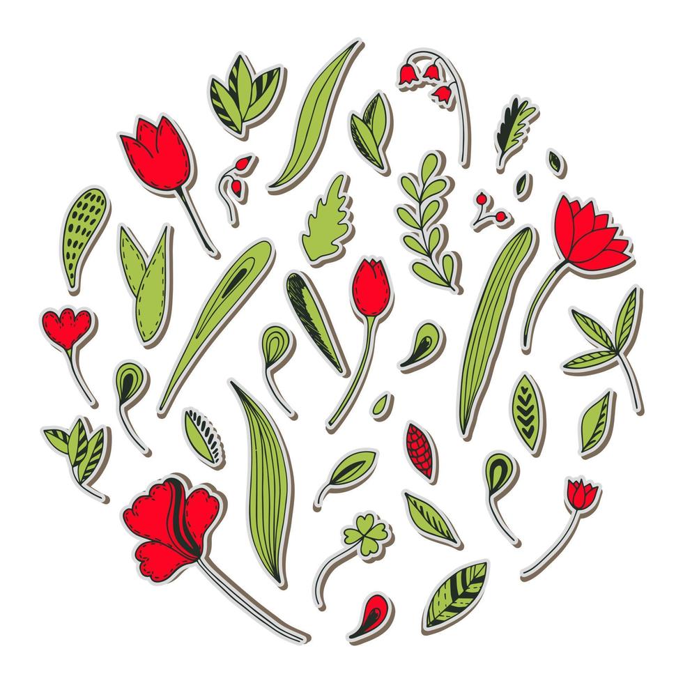 Vector set of stickers with floral elements. Collection of hand drawn flowers, leaves, ornamental plants. Flat illustration on the theme of nature, spring card