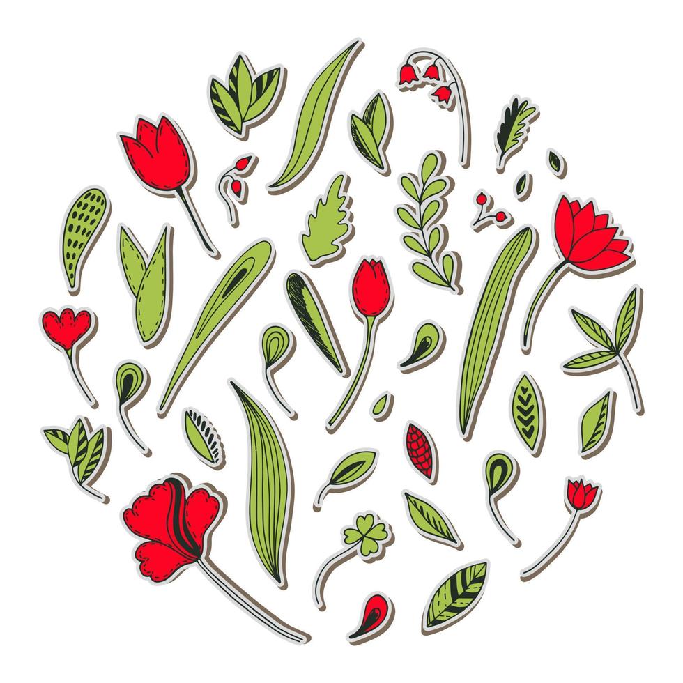 conjunto vectorial de pegatinas con elementos florales. colección de flores dibujadas a mano, hojas, plantas ornamentales. ilustración plana sobre el tema de la naturaleza, tarjeta de primavera vector