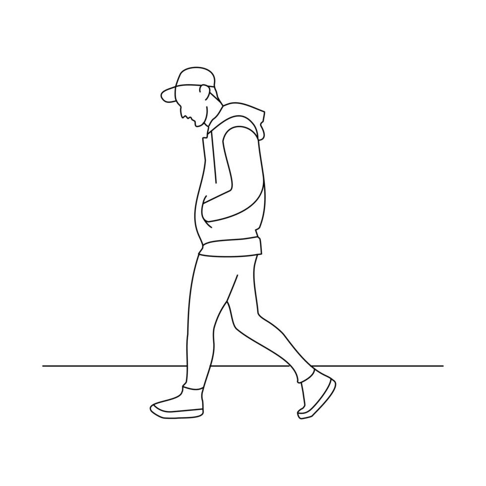 Man walking, continuous line, line art style, minimalist, vector illustration for t-shirt, graphic design for slogan, social media.