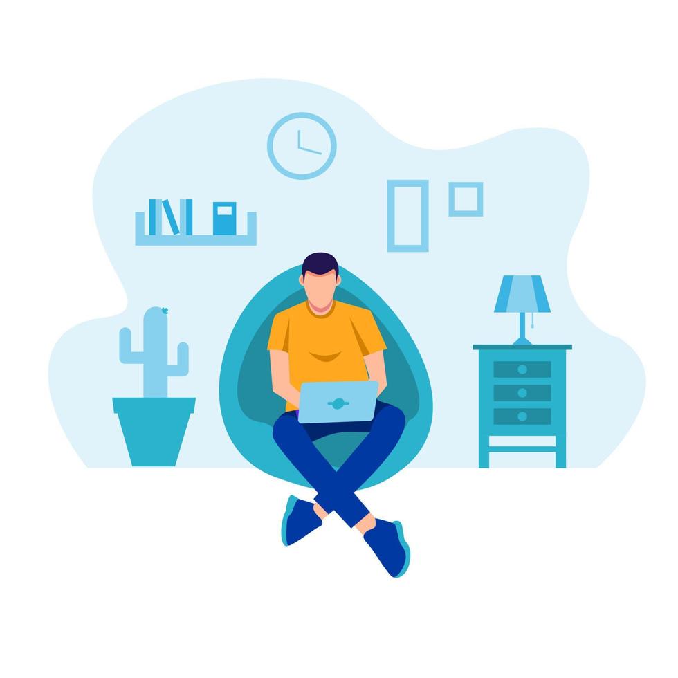 man working with laptop sitting on beanbag,flat design illustration, isolated on white background, graphic resources suitable for illustration, poster, and social media needs. vector