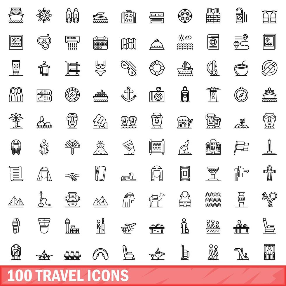 100 travel icons set, outline style vector