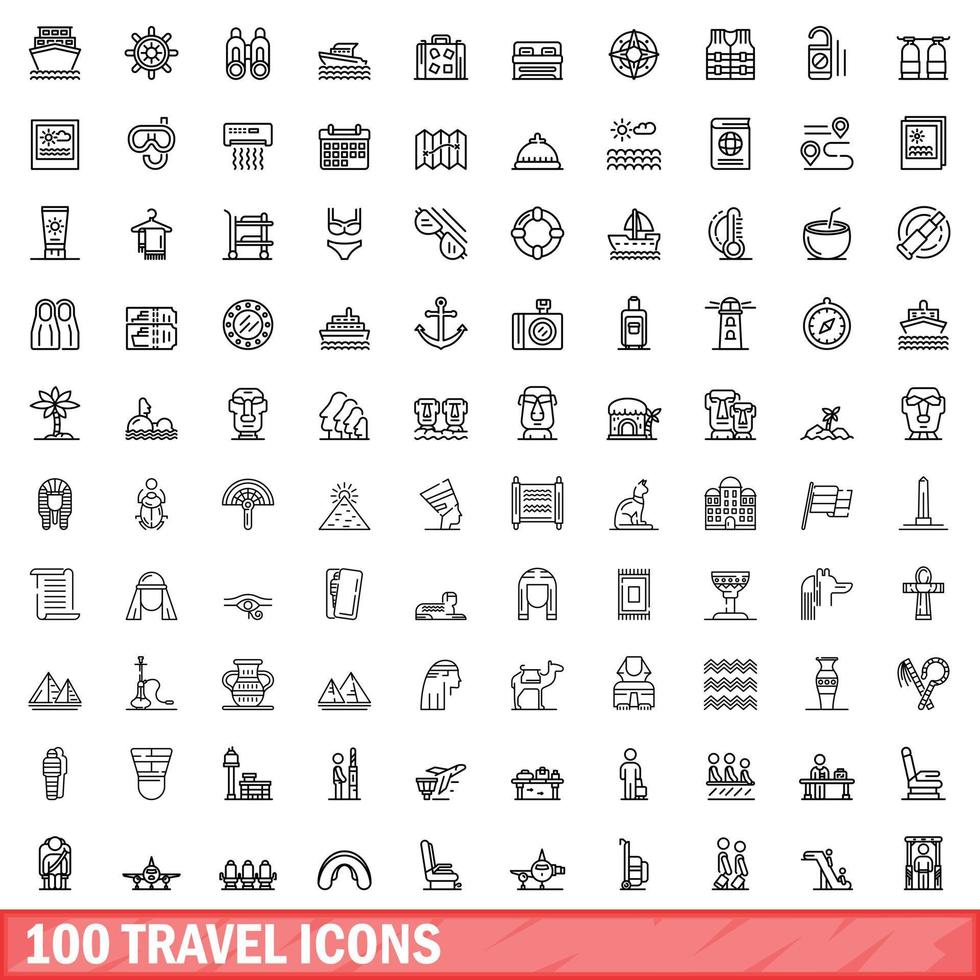 100 iconos de viaje, estilo de esquema vector