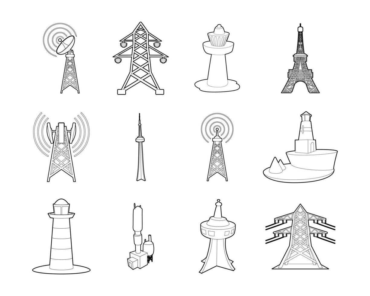 Tower icon set, outline style vector
