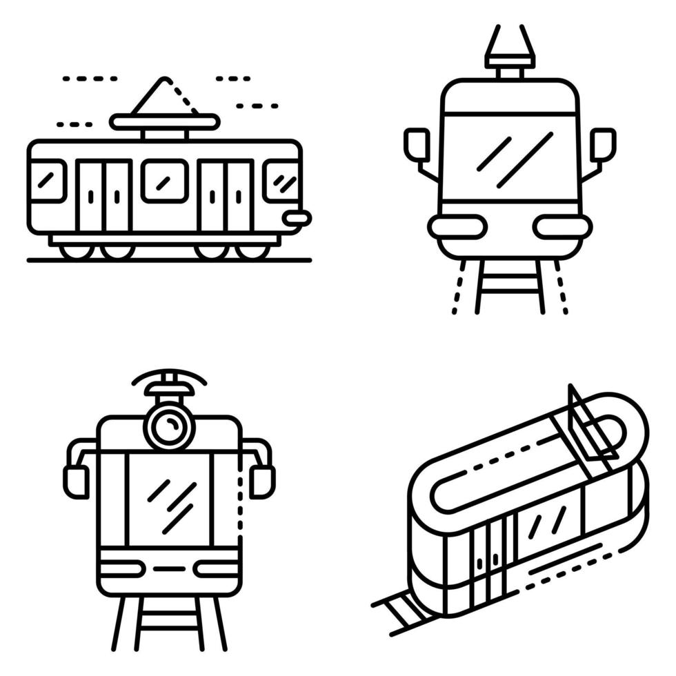 Tram car icons set, outline style vector