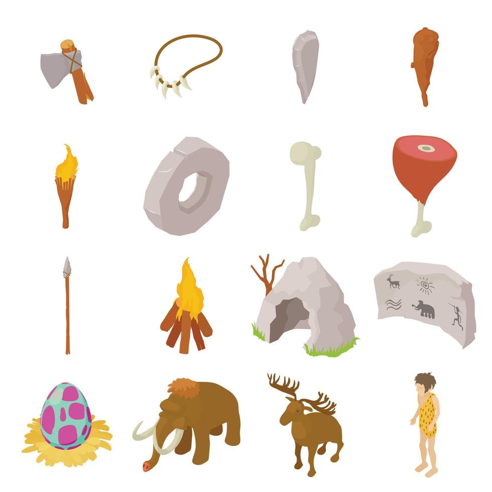 Cavemen human icons set, isometric style vector