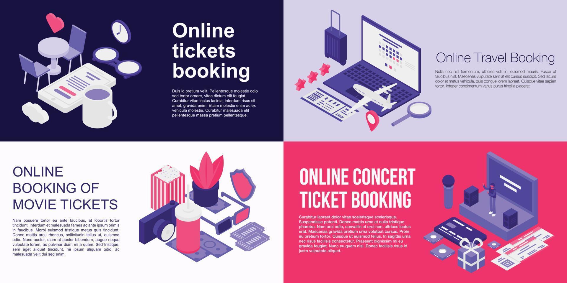 Online tickets booking banner set, isometric style vector