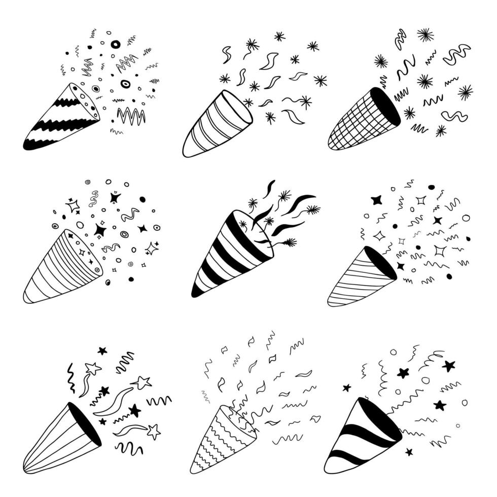 conjunto de varios poppers de fiesta dibujados a mano. negro aislado sobre elementos blancos para el diseño vector