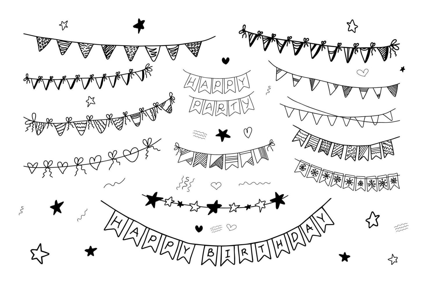 Set of Various Hand Drawn Party Garlands. Isolated black on white elements for design vector