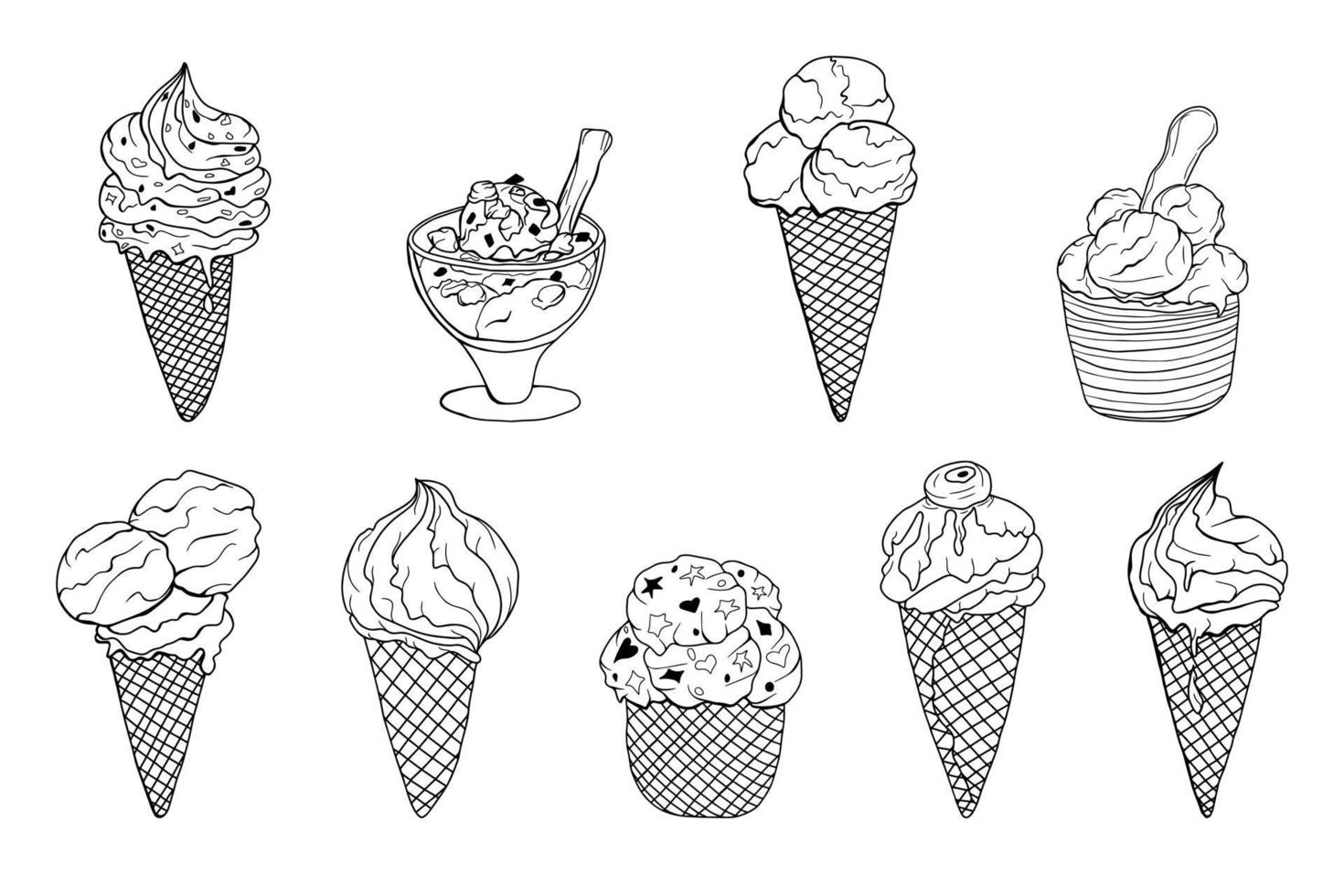 juego de helado dibujado a mano en un cono, tazón y taza. negro aislado sobre elementos blancos para el diseño vector