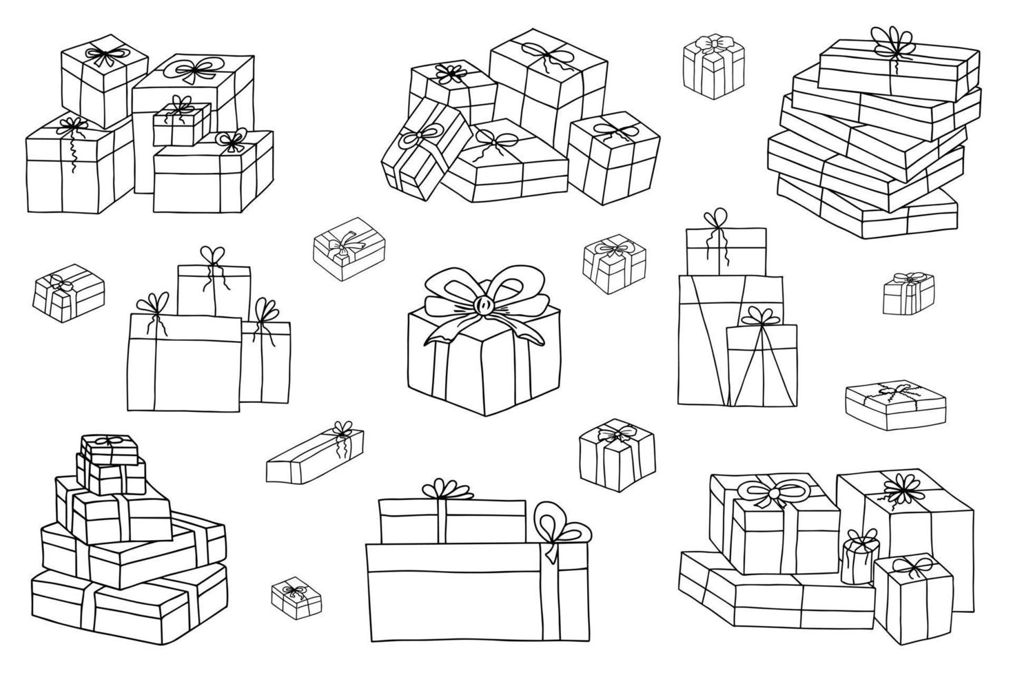 conjunto de varias cajas de regalo dibujadas a mano. negro aislado sobre elementos blancos para el diseño vector