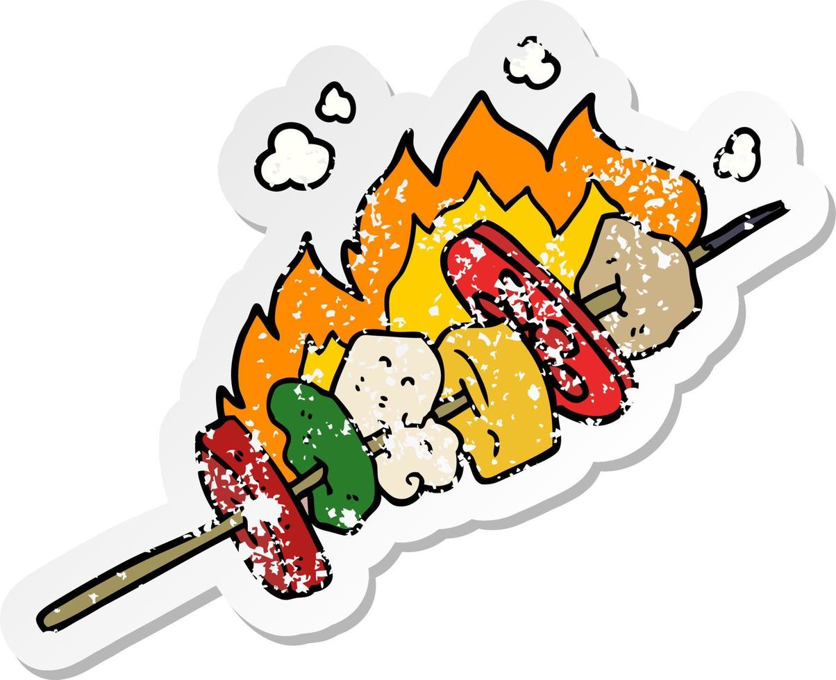 distressed sticker of a cartoon kebab sticks vector