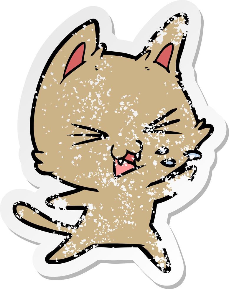 distressed sticker of a cartoon cat hissing vector