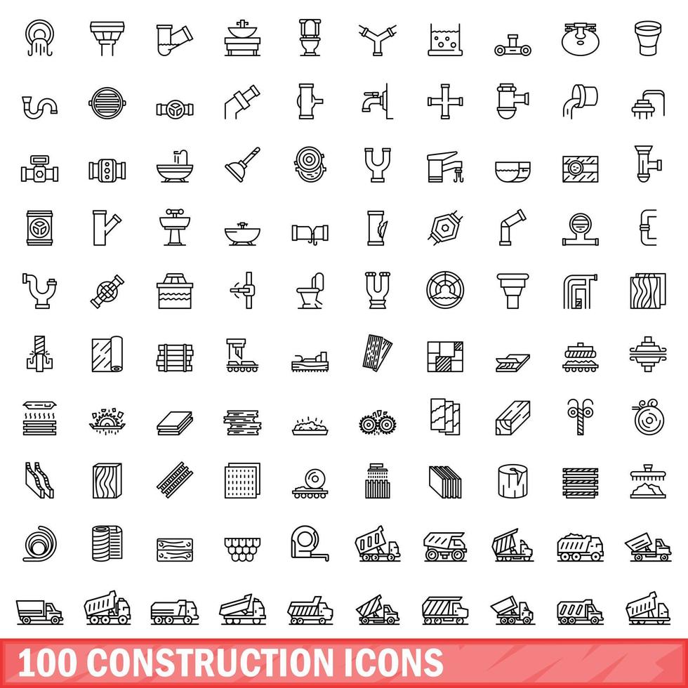 100 construction icons set, outline style vector