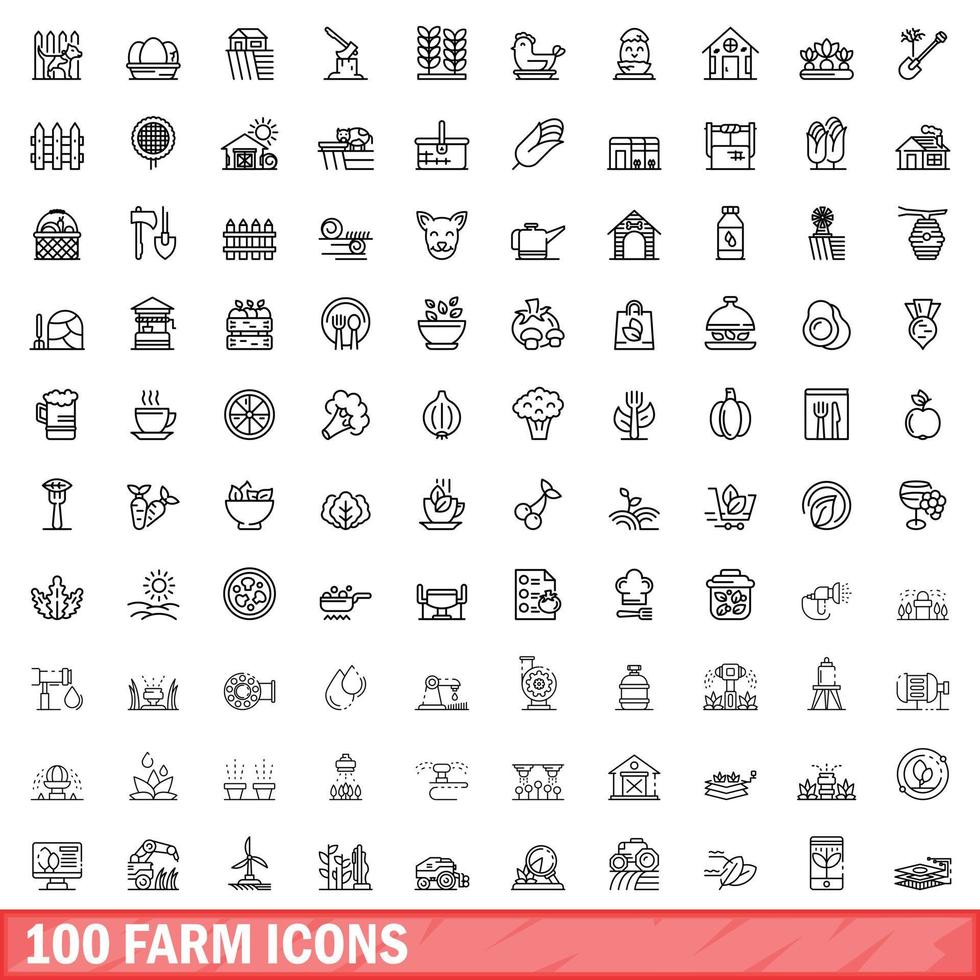 100 farm icons set, outline style vector