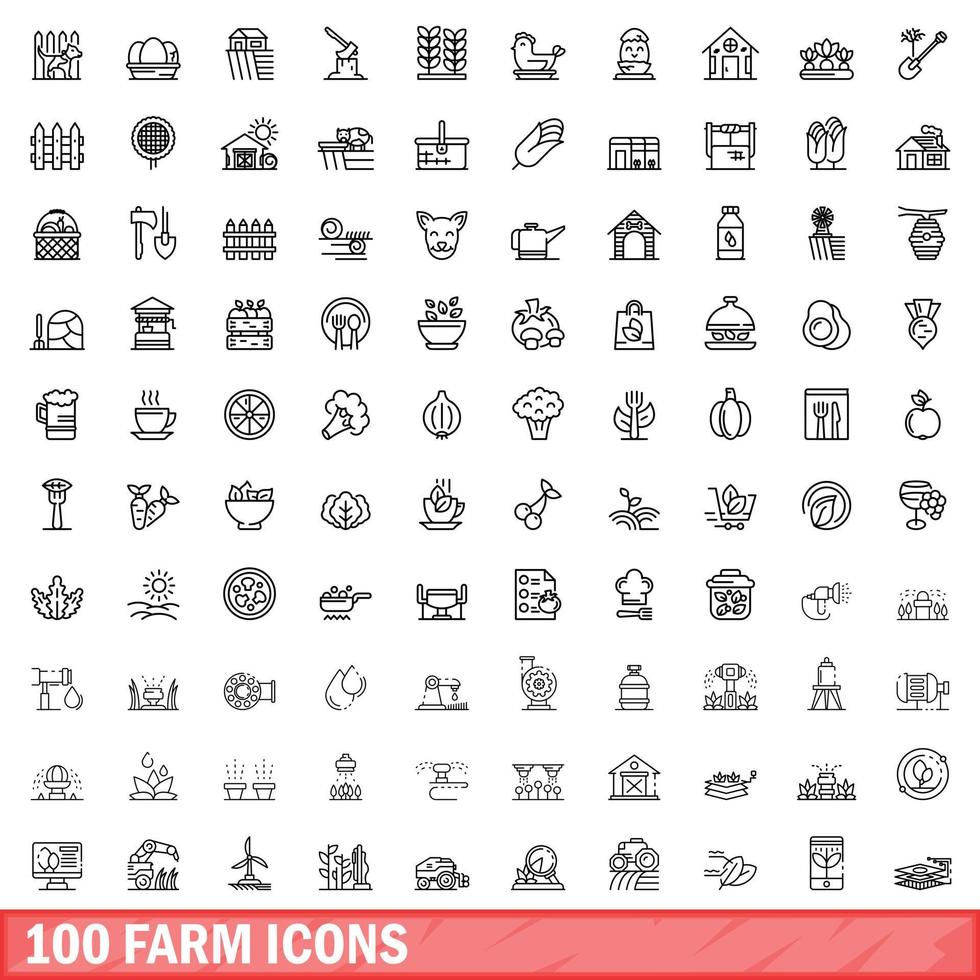 100 iconos de granja, estilo de esquema vector