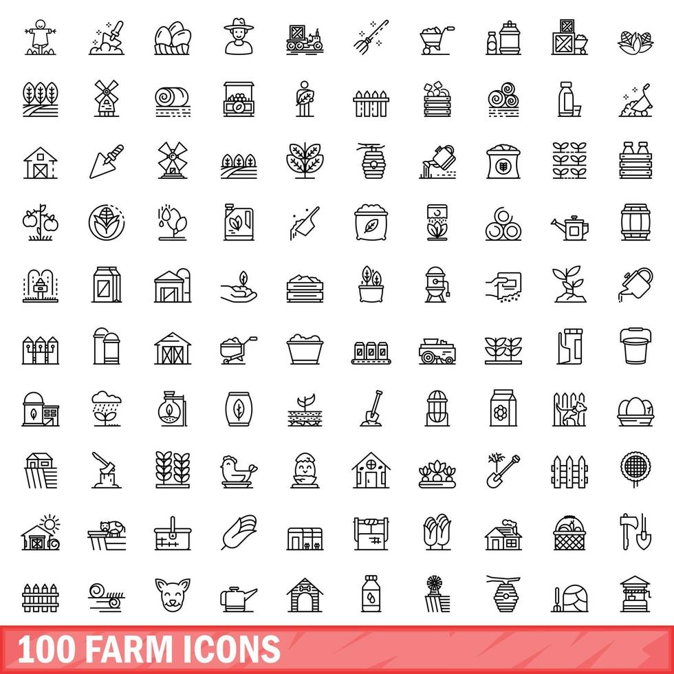 100 farm icons set, outline style vector