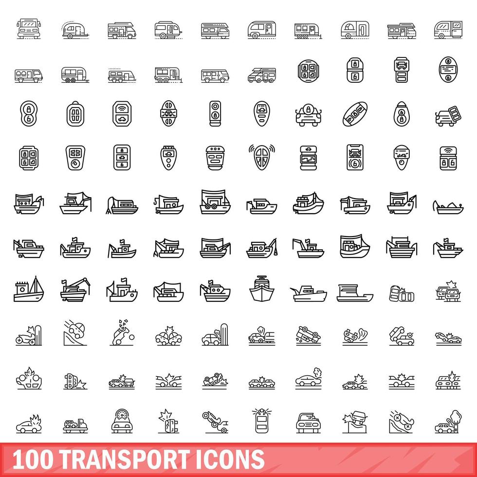 100 transport icons set, outline style vector