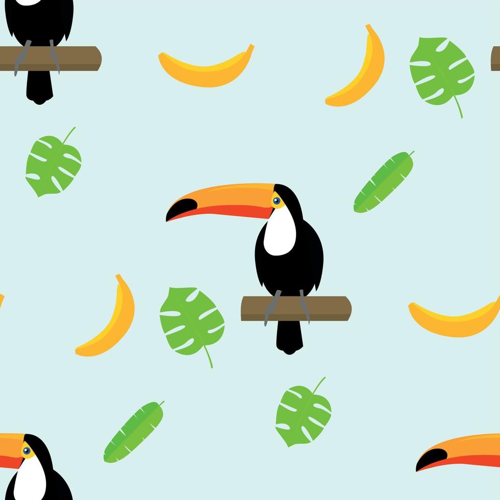 Tropical toucan banana pattern, cartoon style vector