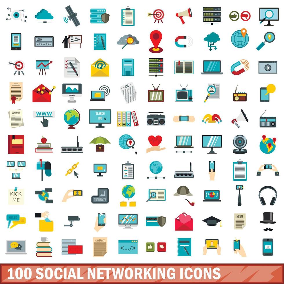 100 social networking icons set, flat style vector