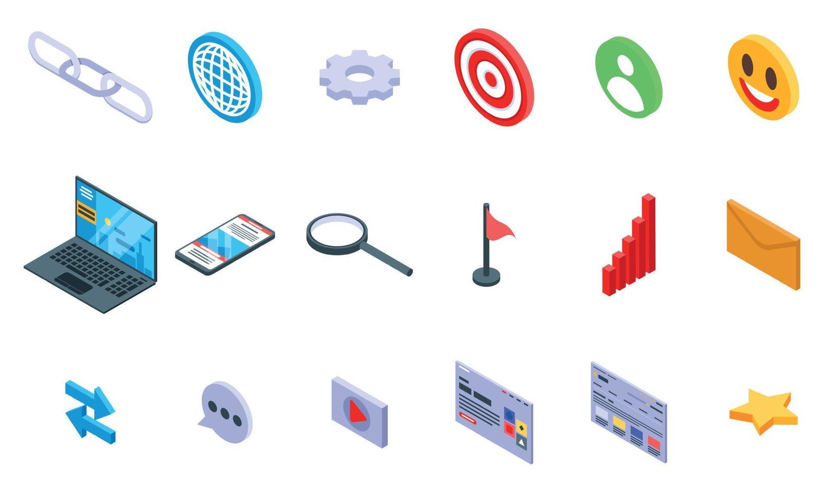 Backlink strategy icons set, isometric style vector