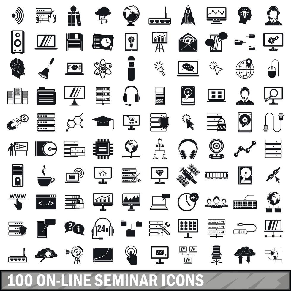 100 seminarios en línea, conjunto de iconos de estilo simple vector