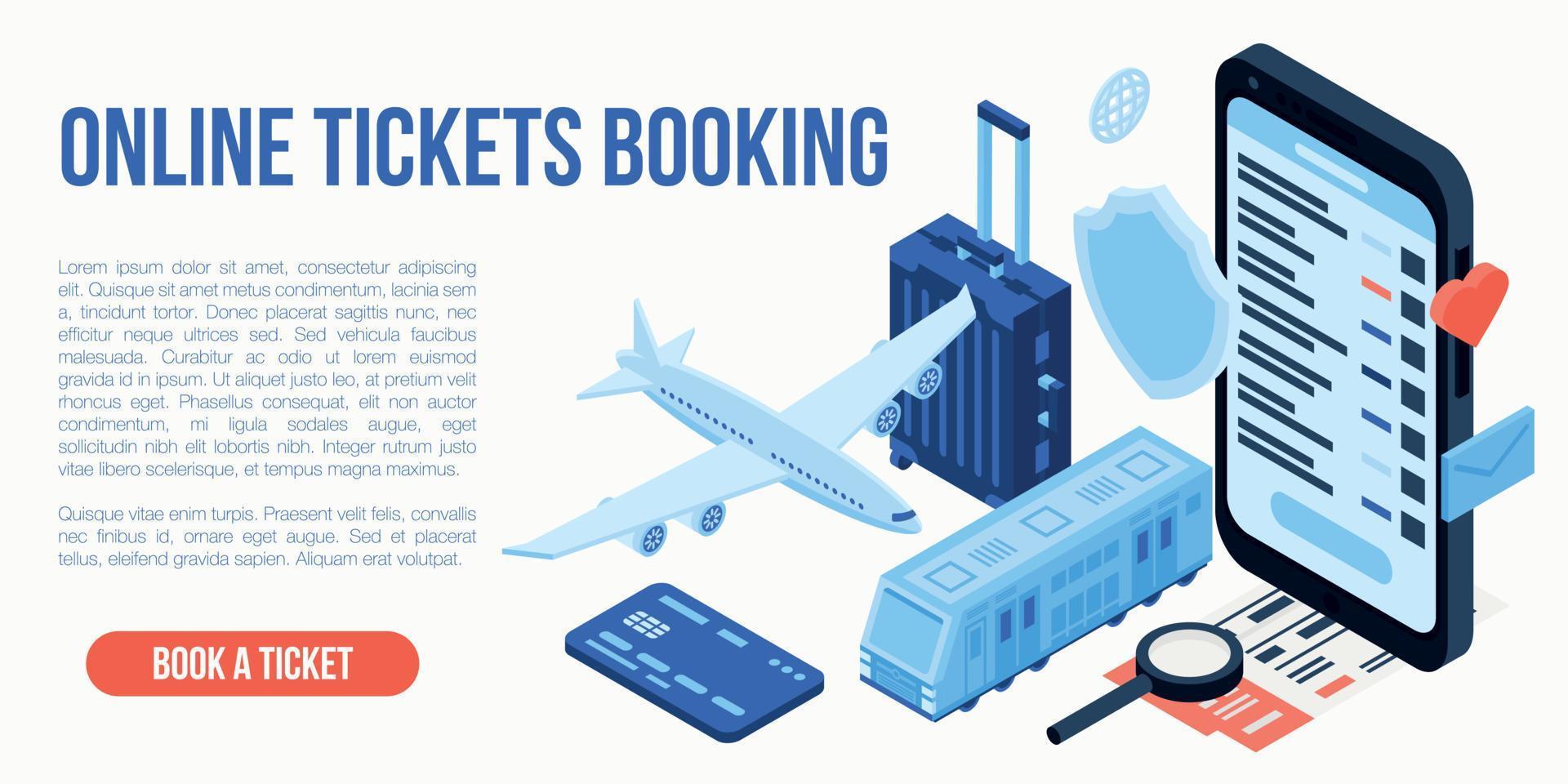 Online tickets booking travel concept background, isometric style vector