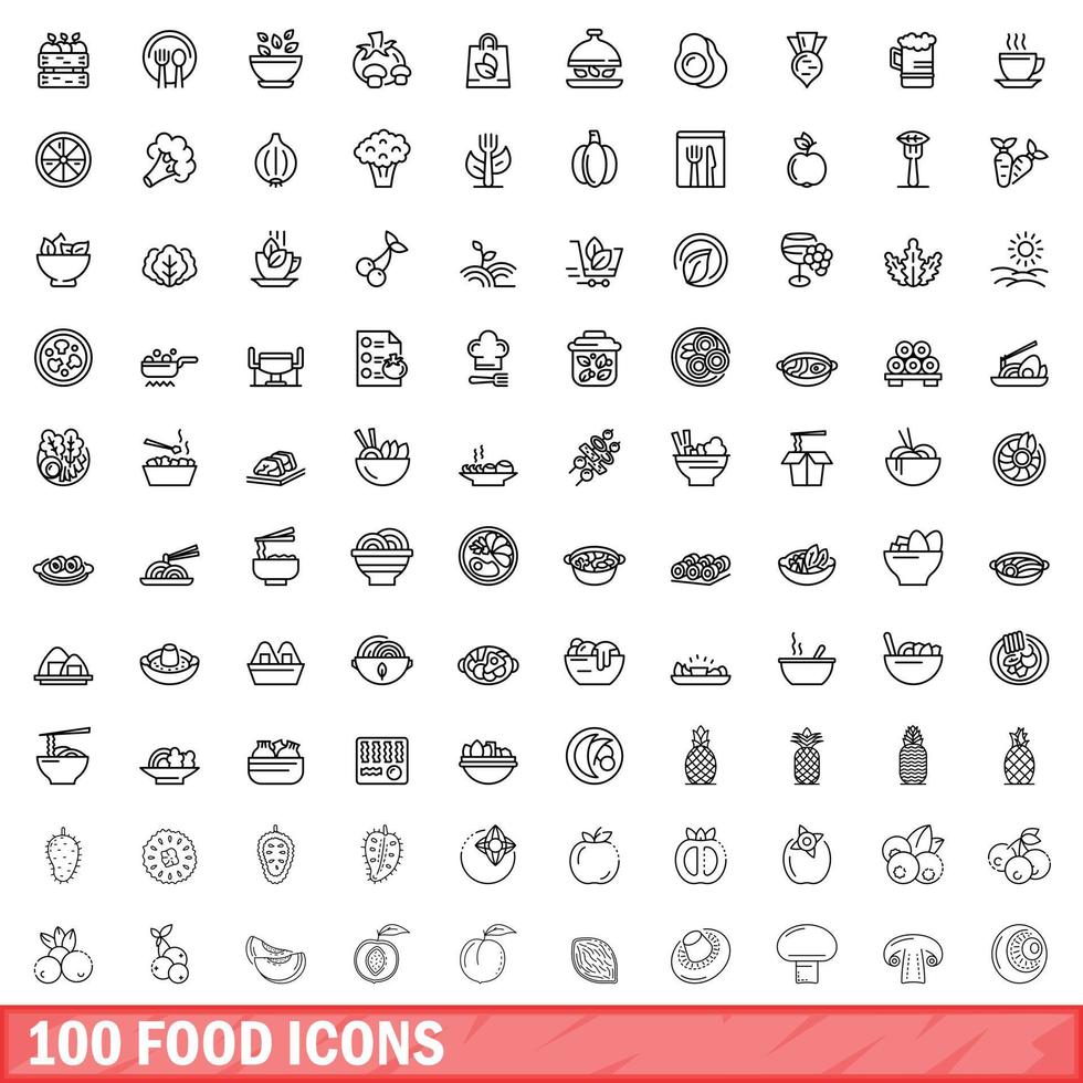 100 food icons set, outline style vector