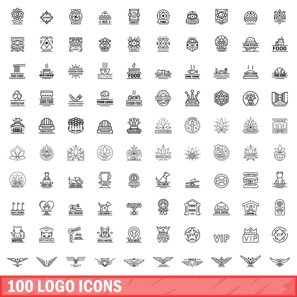 100 logo conjunto de iconos, estilo de esquema vector