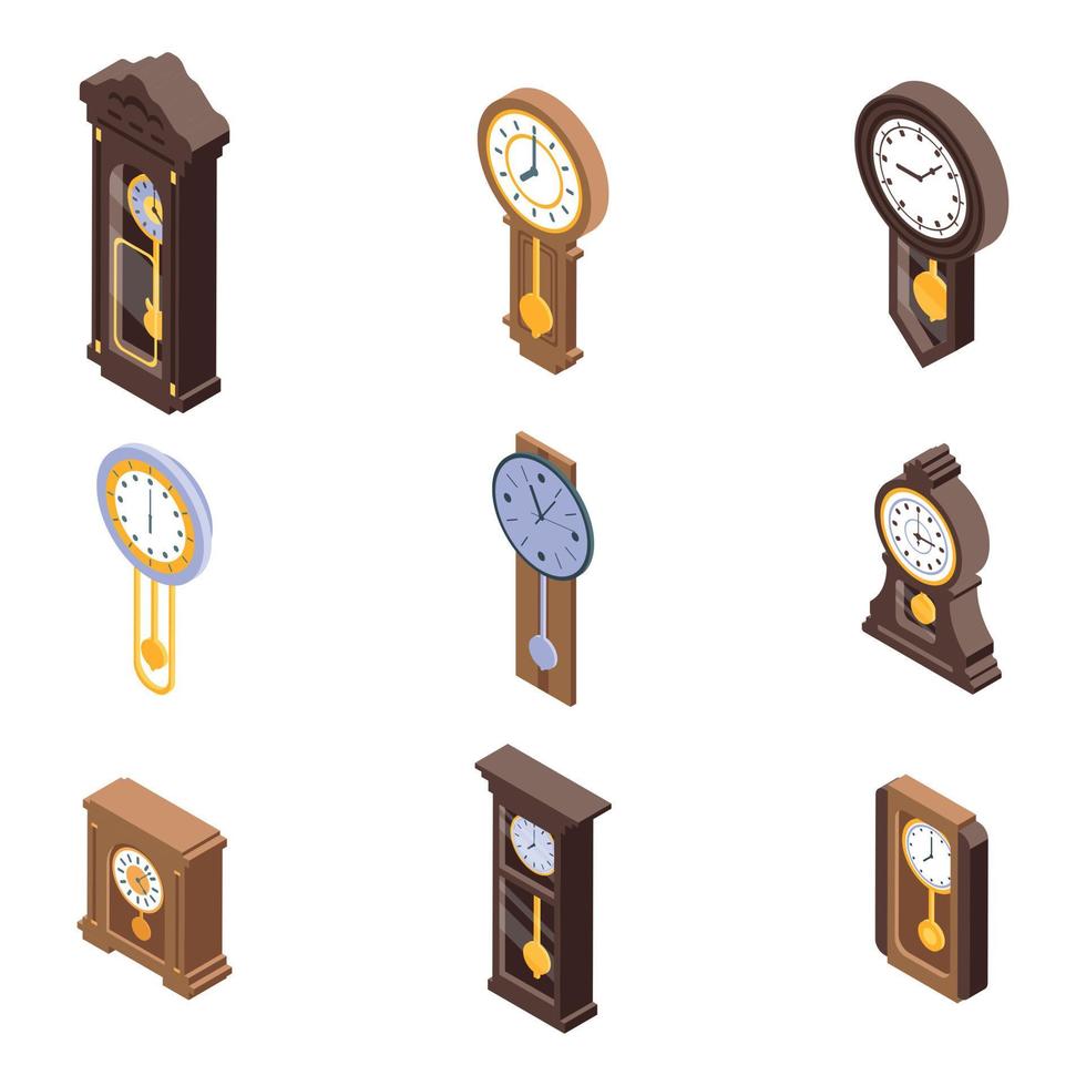 Pendulum clock icons set, isometric style vector