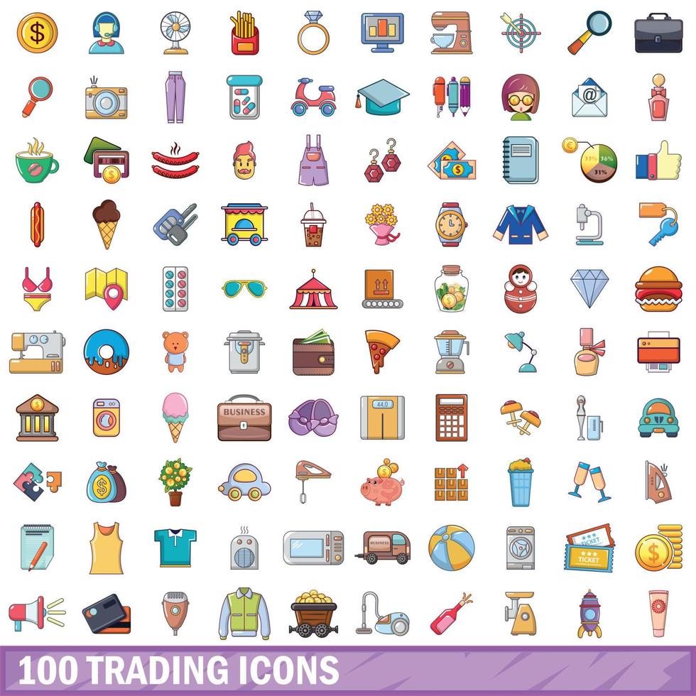 100 trading icons set, cartoon style vector
