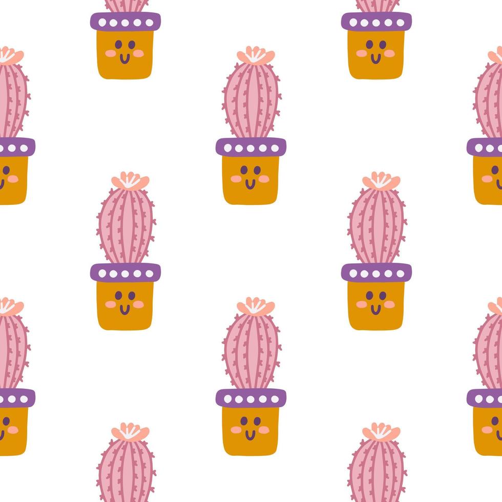 Hand drawn cute succulent cactus house plants in pots, vector seamless pattern for fabric, wallpapers
