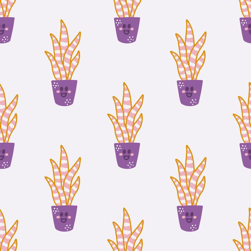Hand drawn cute succulent house plants in pots, vector seamless pattern for fabric, wallpapers