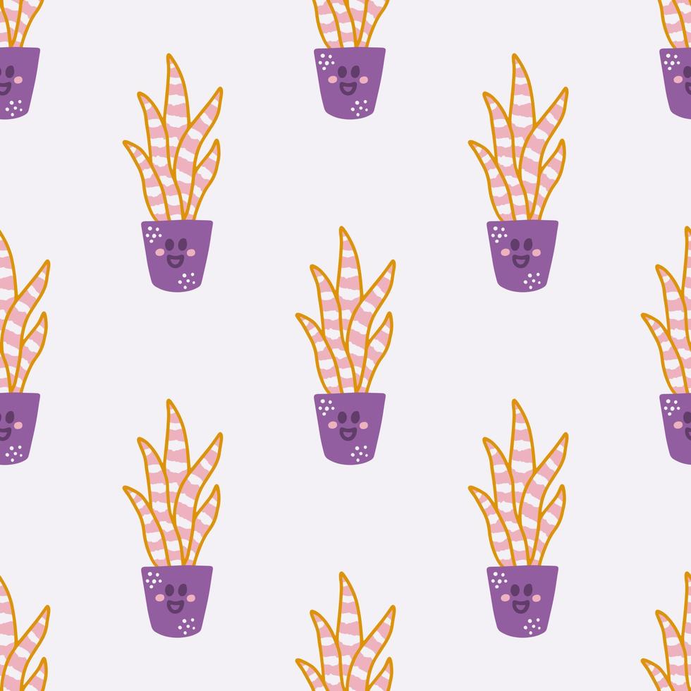 Hand drawn cute succulent house plants in pots, vector seamless pattern for fabric, wallpapers