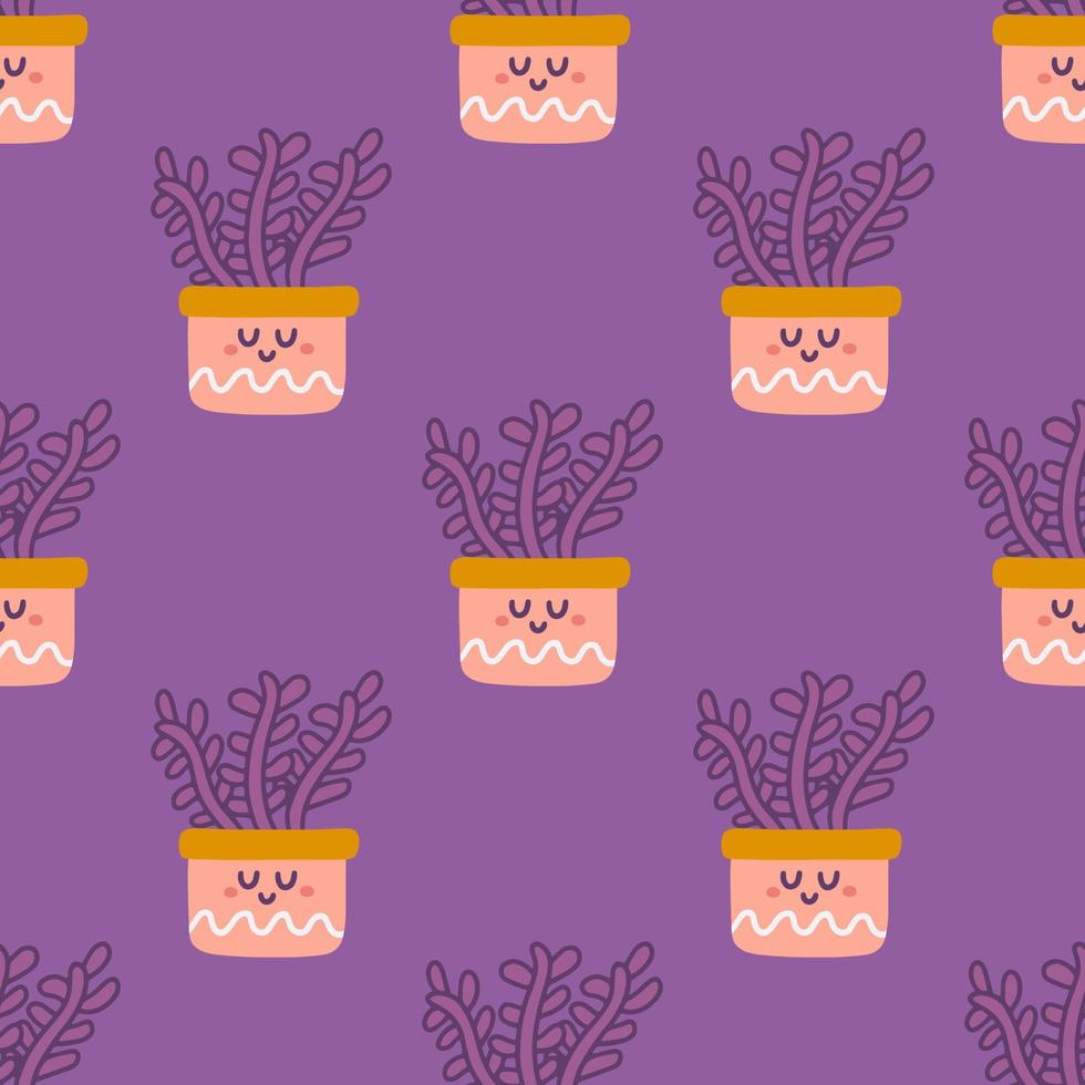 Hand drawn cute succulent house plants in pots, vector seamless pattern for fabric, wallpapers