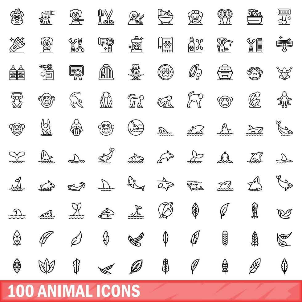 100 animal icons set, outline style vector