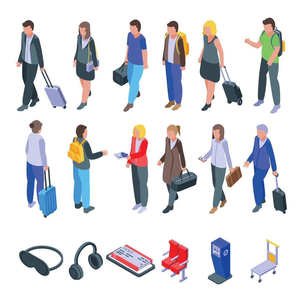conjunto de iconos de pasajeros de líneas aéreas, estilo isométrico vector