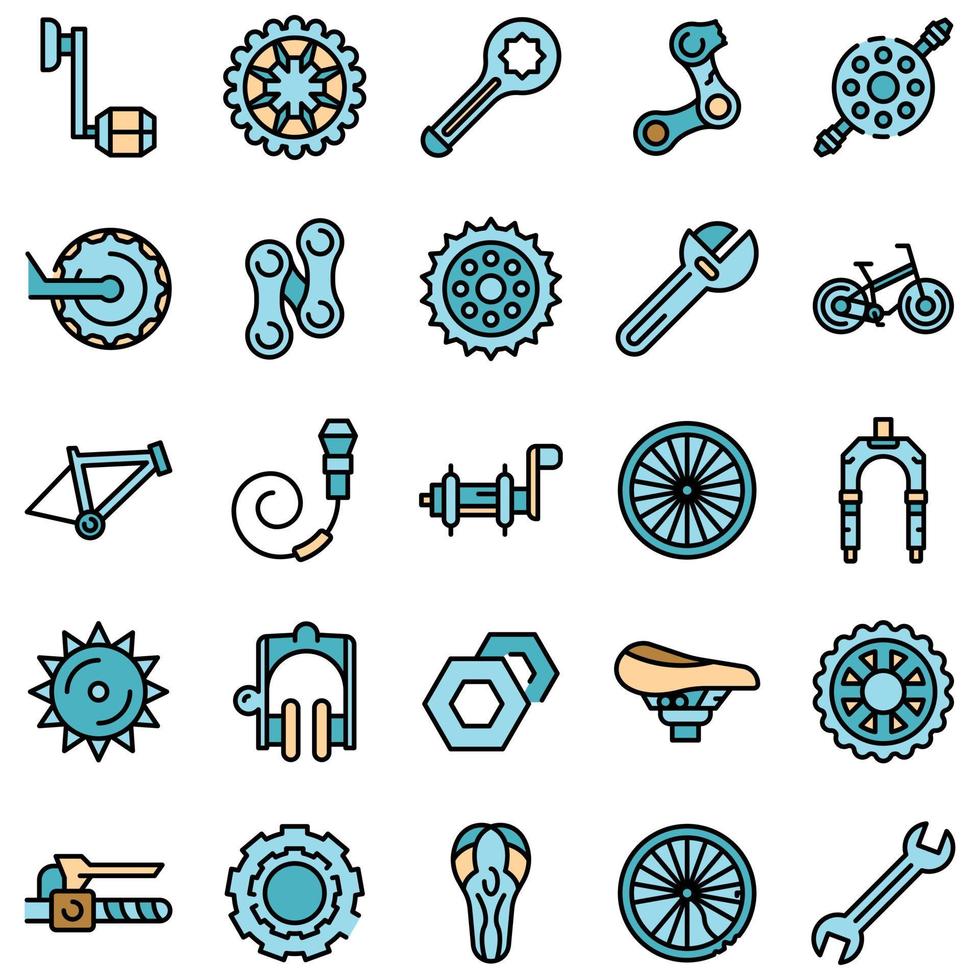 reparación de bicicletas, iconos, conjunto, vector, plano vector