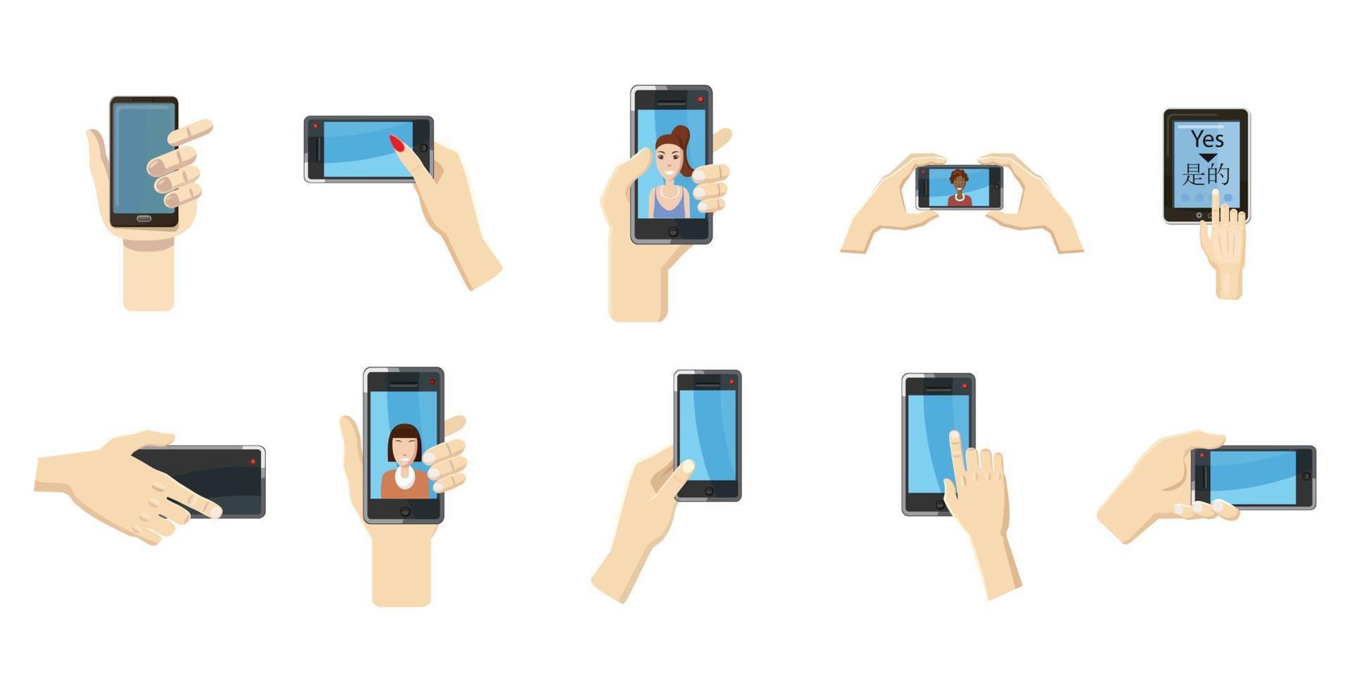 Smartphone in hand icon set, cartoon style vector