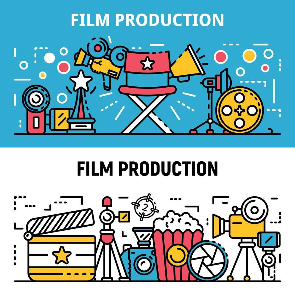 Film production banner set, outline style vector